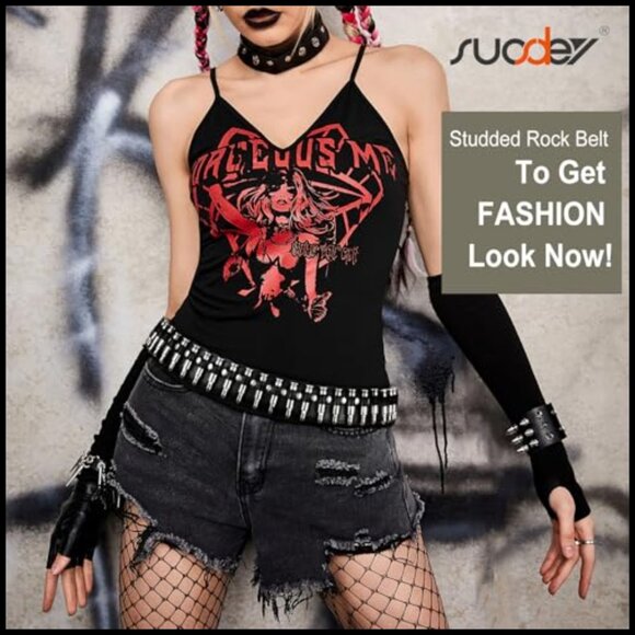 PU Leather Studded Belt with Silver Metal Grommets, Punk Rock Style